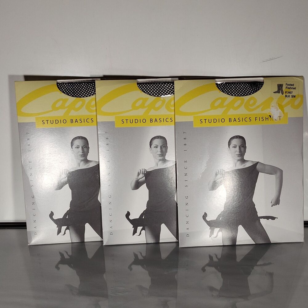 3 Capezio Studio Basic Fishnet Tights Footed Black Women S/M #3407 Italy Dance